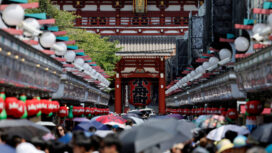 FILE PHOTO: Visitors walk along Nakamise-dori Street as they visit Sensoji temple in Tokyo, Japan, August 9, 2024. REUTERS/Willy Kurniawan/File Photo