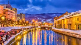 Otaru, Japan historic canals during the winter illumination.