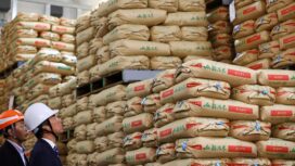 Japan's Agriculture, Forestry and Fisheries Minister Shinjiro Koizumi inspects a warehouse storing stockpiled rice in Kanagawa, Japan May 30, 2025. REUTERS/Kim Kyung-Hoon