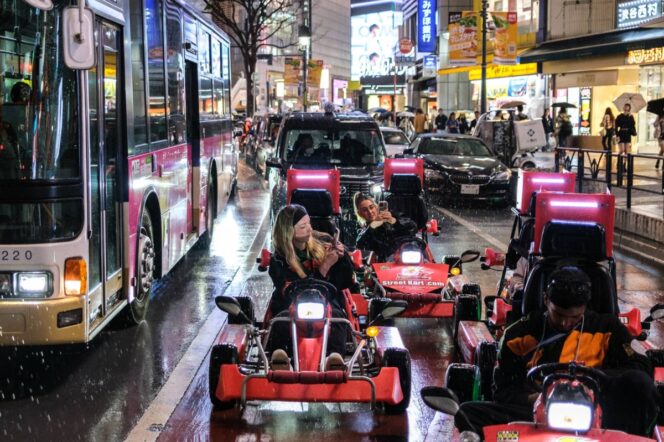
					A group of tourists ride on 