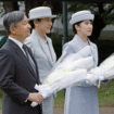 Emperor Naruhito, Empress Masako and their daughter, Princess Aiko, offer flowers at a cenotaph for atomic bomb victims at ground zero in the Nagasaki Peace Park in Nagasaki on Friday. Image: KYODO