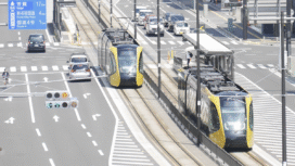 Trams powered by electricity generated from renewable energy sources run in Utsunomiya, Tochigi Prefecture. Image: Kyodo