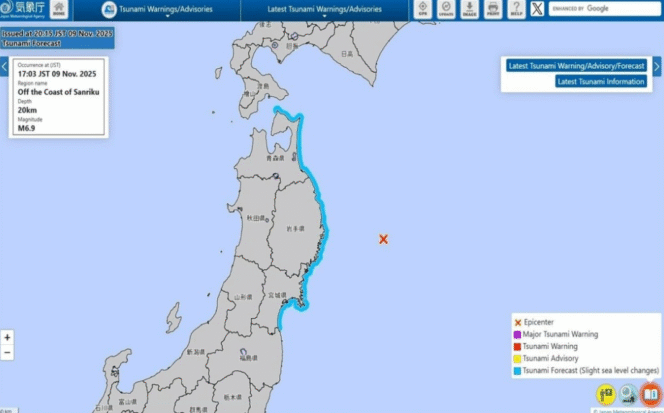 
					Gempa Magnitudo 6,9 di Samudra Pasifik Picu Tsunami Kecil di Wilayah Timur Laut Jepang