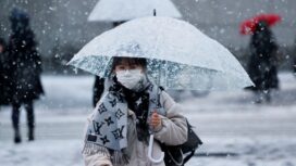 A woman wearing a protective face mask walks on a street in snowfall Tokyo, Japan January 6, 2022