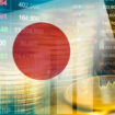 Japan flag with stock market finance, economy trend graph digital technology.