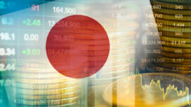 Japan flag with stock market finance, economy trend graph digital technology.