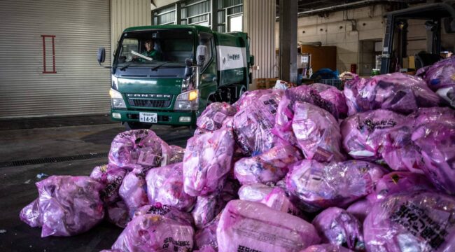 This picture taken on January 15, 2026 shows recycled diapers in a recycling facility in Osaki town, Kagoshima Prefecture. A pilot project, billed as a world first, reuses the main ingredient in nappies to make new ones, offering hopes to ease bloated landfill sites and respond to a growing need for adult diapers in ageing Japan. (Photo by Philip FONG / AFP) / TO GO WITH: Japan-environment-manufacturing-diapers-demographics, FOCUS