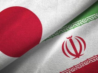 Iran and Japan flag together realtions textile cloth fabric texture