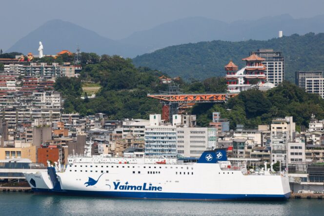 
					The Yaima Maru ferry, which will operate between Taiwan and Japan's Ishigaki Island in Okinawa Prefecture, is docked in Keelung, Taiwan, May 28, 2026. REUTERS/Ann Wang
