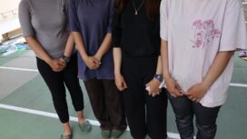 Photo taken on July 30 shows Indonesian technical interns including Davina Putri (1st from L) who are living in an evacuation shelter in Hikawa in Kumamoto Prefecture with their faces not pictured at their request.  Image: Kyodo