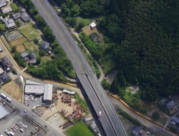 An aerial view shows the damaged Kyushu Expressway, after an earthquake with a magnitude of 7.1 struck southern Kumamoto Prefecture, in Yatsushiro, Kumamoto Prefecture, on July 29.  Image: Asia Air Survey & Aero Toyota/via REUTERS