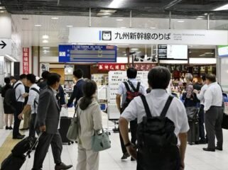 Kagoshima-chuo Station in Kagoshima is crowded on Oct. 13, 2026, as JR Kyushu Shinkansen Line services remained suspended. (Kyodo)