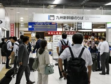 Kagoshima-chuo Station in Kagoshima is crowded on Oct. 13, 2026, as JR Kyushu Shinkansen Line services remained suspended. (Kyodo)